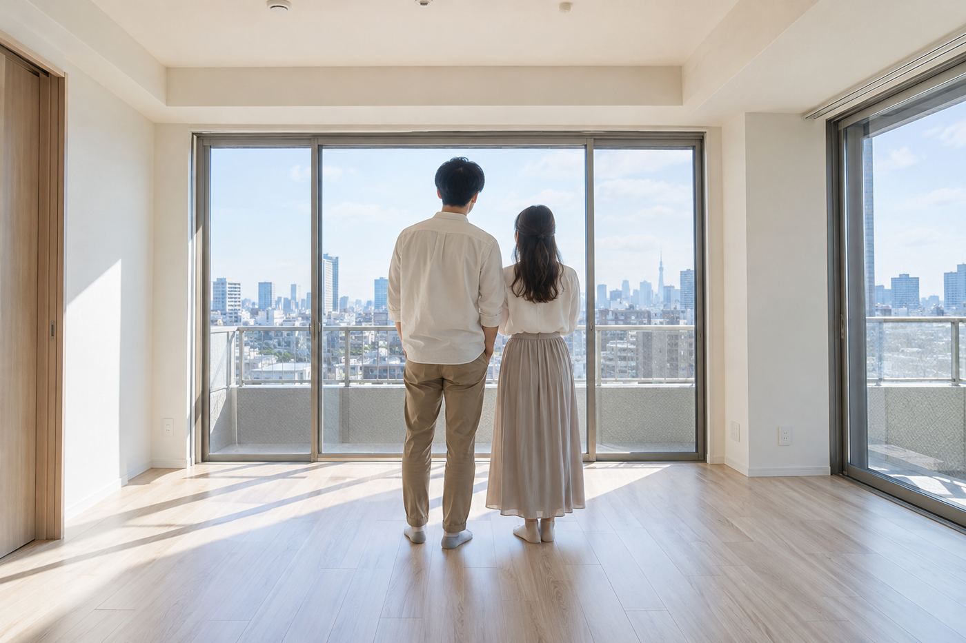 新しい住まいから街を眺める夫婦のイメージ写真