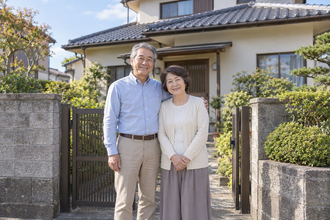 家の前に立つ夫婦のイメージ写真