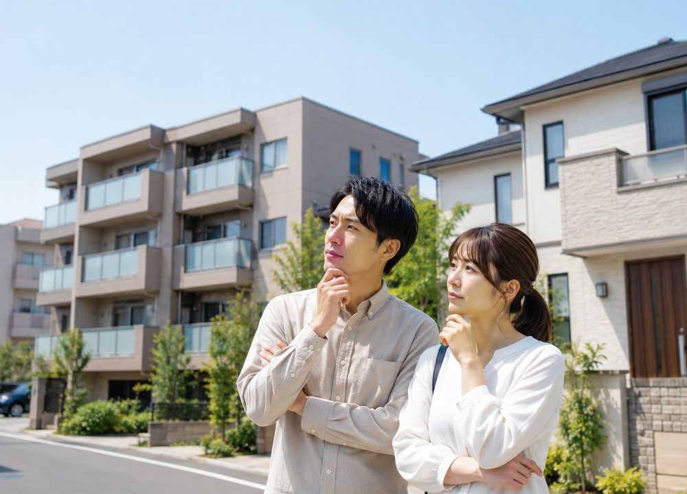 住まいを見上げて考えるご夫婦のイメージ