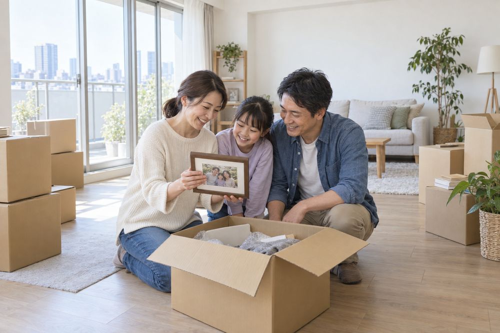 新しい住まいで荷ほどきをする家族のイメージ